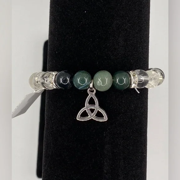 Celtic bracelet with green moss agate and clear quartz. NWT - Picture 2 of 5